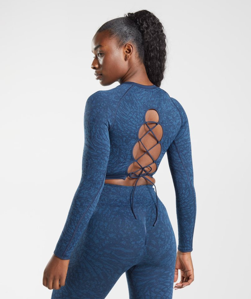 Przycięte Topy Gymshark Adapt Animal Seamless Koronkowe Up Back Damskie Granatowe | PL 907WSD